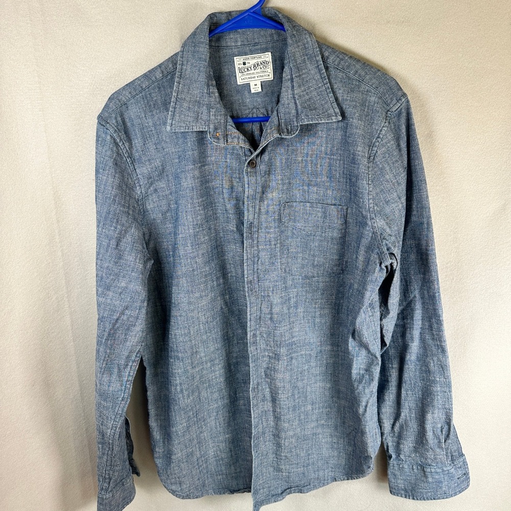 Lucky Brand Saturday Stretch Shirt Men Medium Blue Long Sleeve Chambray EUC